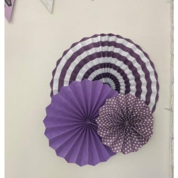 Party Decoration, 21 Pcs Purple and Lavender Hanging Paper Fans, Pom Pom - Picture 2 of 4
